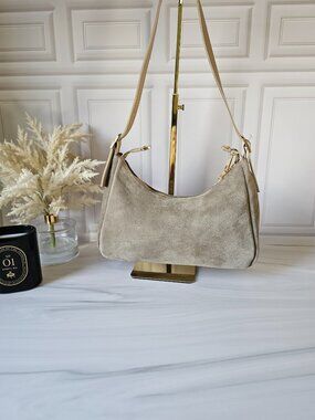 Taupe Suede Crescent Shoulder Bag, Italian Leather Hobo Bag, Adjustable Strap